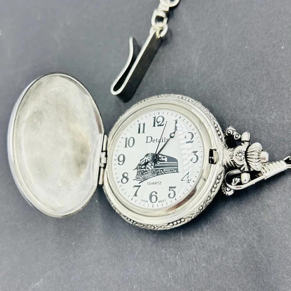 Details Pocket Watch Train Locomotive Quartz Japan Movement Chain Needs Battery